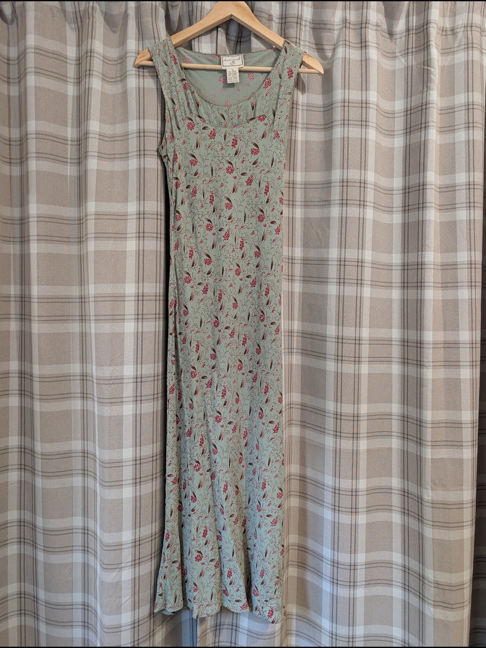 April Cornell Sage Green Floral Maxi Dress with Red Accents